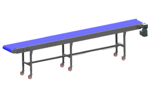 Le convoyeur droit à bande, est le classique du convoyage par bande transporteuse. Le principe de fonctionnement d’un tel convoyeur consiste à mettre en mouvement une bande transporteuse sur une sole de glissement, un enroulement motorisé et un enroulement libre.