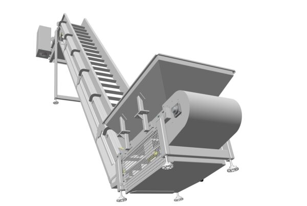 Inclined modular belt conveyor for transporting vegetables.